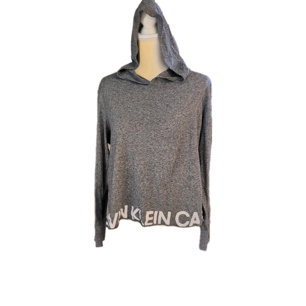 Calvin Klein Women's Hooded Gray Shirt Size L Crop Top Long Sleeve Pullover NWOT